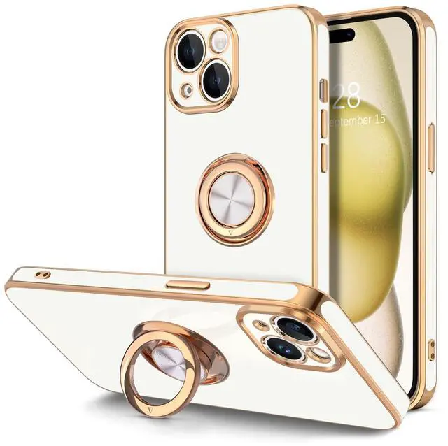Main image of for iPhone 15 Case with Ring Stand, 360° Rotatable Ring Holder Magnetic Kickstand, Plating Rose Gold Edge Soft Cover Women Men Luxury Protective Phone Case for iPhone 15 6.1", White