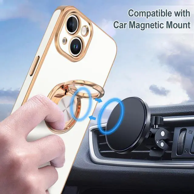 Alt view image 5 of 7 - for iPhone 15 Case with Ring Stand, 360° Rotatable Ring Holder Magnetic Kickstand, Plating Rose Gold Edge Soft Cover Women Men Luxury Protective Phone Case for iPhone 15 6.1", White