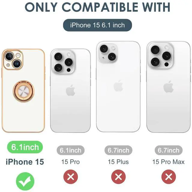 Alt view image 7 of 7 - for iPhone 15 Case with Ring Stand, 360° Rotatable Ring Holder Magnetic Kickstand, Plating Rose Gold Edge Soft Cover Women Men Luxury Protective Phone Case for iPhone 15 6.1", White