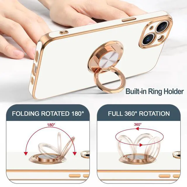 Alt view image 4 of 7 - for iPhone 15 Case with Ring Stand, 360° Rotatable Ring Holder Magnetic Kickstand, Plating Rose Gold Edge Soft Cover Women Men Luxury Protective Phone Case for iPhone 15 6.1", White