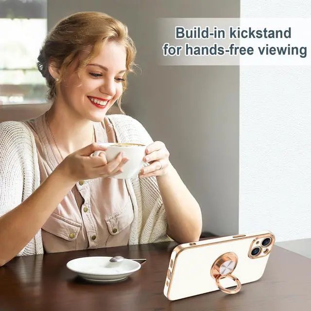 Alt view image 6 of 7 - for iPhone 15 Case with Ring Stand, 360° Rotatable Ring Holder Magnetic Kickstand, Plating Rose Gold Edge Soft Cover Women Men Luxury Protective Phone Case for iPhone 15 6.1", White