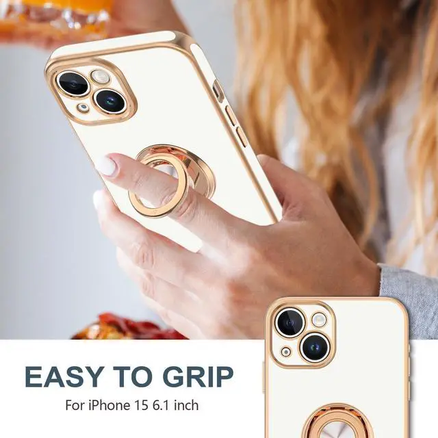 Alt view image 2 of 7 - for iPhone 15 Case with Ring Stand, 360° Rotatable Ring Holder Magnetic Kickstand, Plating Rose Gold Edge Soft Cover Women Men Luxury Protective Phone Case for iPhone 15 6.1", White