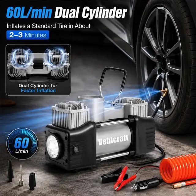 Alt view image 2 of 7 - 12V Tire Inflator, 150 PSI Dual-Cylinder Air Pump for Car, SUV, RV