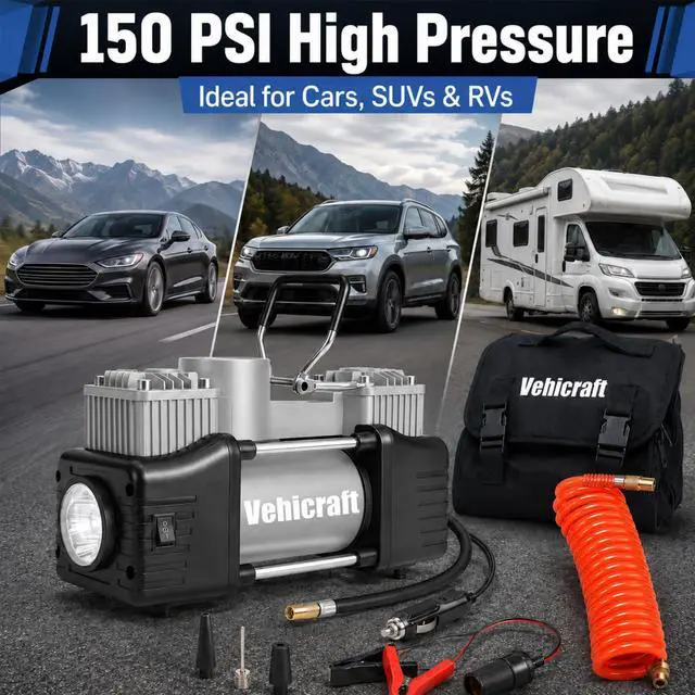 Alt view image 7 of 7 - 12V Tire Inflator, 150 PSI Dual-Cylinder Air Pump for Car, SUV, RV