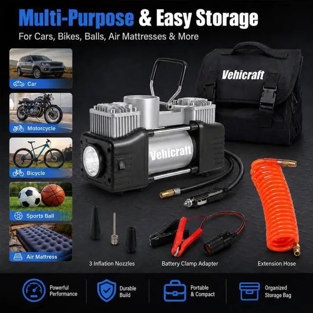 Alt view image 6 of 7 - 12V Tire Inflator, 150 PSI Dual-Cylinder Air Pump for Car, SUV, RV