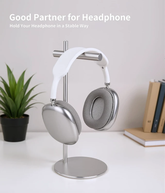 Alt view image 3 of 6 - Aluminum Alloy Headphone Stand for Desk with Non-Slip Base - Universal Headset Stand Compatible with Over-Ear, On-Ear and Neckband Headphones (Silver)