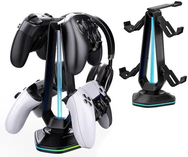 Main image of RGB Headset Stand with 9 Light Modes and 2 USB Charging Ports - Controller Holder for Desk - Headphone Stand & Detachable Controller Hook for PC Earphone Gaming Room Setup Accessories