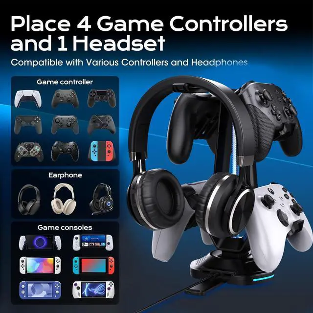 Alt view image 2 of 7 - RGB Headset Stand with 9 Light Modes and 2 USB Charging Ports - Controller Holder for Desk - Headphone Stand & Detachable Controller Hook for PC Earphone Gaming Room Setup Accessories