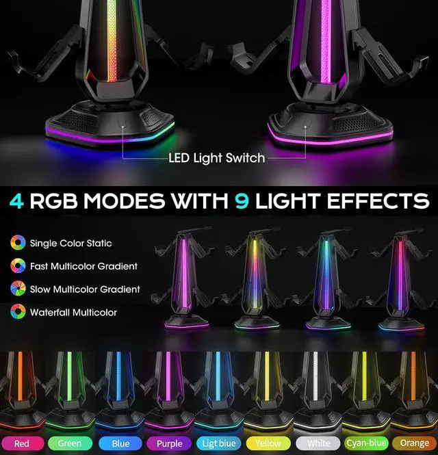 Alt view image 3 of 7 - RGB Headset Stand with 9 Light Modes and 2 USB Charging Ports - Controller Holder for Desk - Headphone Stand & Detachable Controller Hook for PC Earphone Gaming Room Setup Accessories