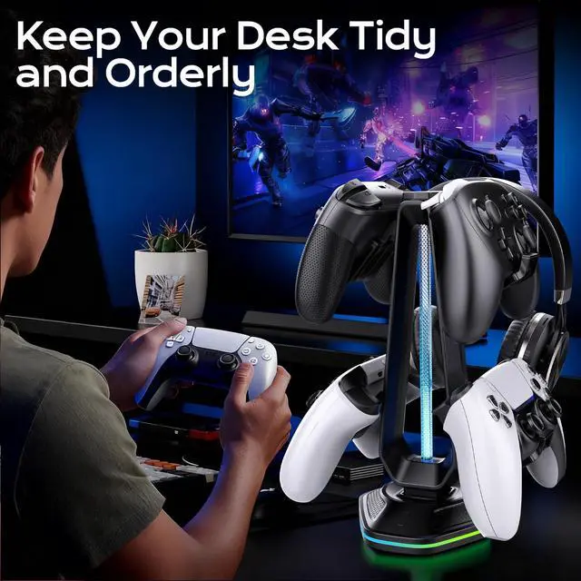 Alt view image 4 of 7 - RGB Headset Stand with 9 Light Modes and 2 USB Charging Ports - Controller Holder for Desk - Headphone Stand & Detachable Controller Hook for PC Earphone Gaming Room Setup Accessories