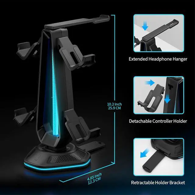 Alt view image 6 of 7 - RGB Headset Stand with 9 Light Modes and 2 USB Charging Ports - Controller Holder for Desk - Headphone Stand & Detachable Controller Hook for PC Earphone Gaming Room Setup Accessories