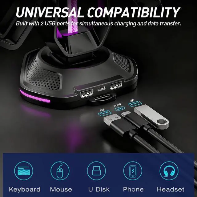 Alt view image 5 of 7 - RGB Headset Stand with 9 Light Modes and 2 USB Charging Ports - Controller Holder for Desk - Headphone Stand & Detachable Controller Hook for PC Earphone Gaming Room Setup Accessories