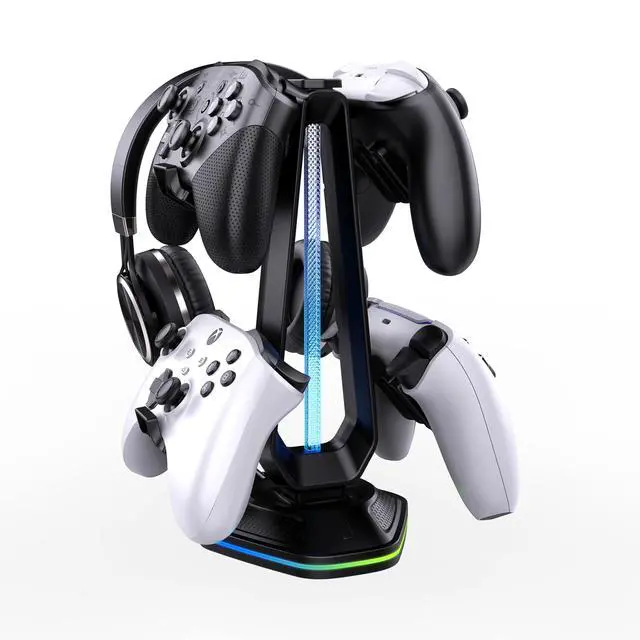 Alt view image 7 of 7 - RGB Headset Stand with 9 Light Modes and 2 USB Charging Ports - Controller Holder for Desk - Headphone Stand & Detachable Controller Hook for PC Earphone Gaming Room Setup Accessories