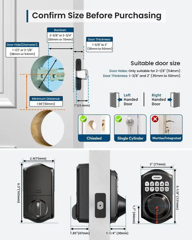 Alt view image 2 of 7 - TE011W WiFi Smart Deadbolt, Keyless Entry Door Lock, Matte Black