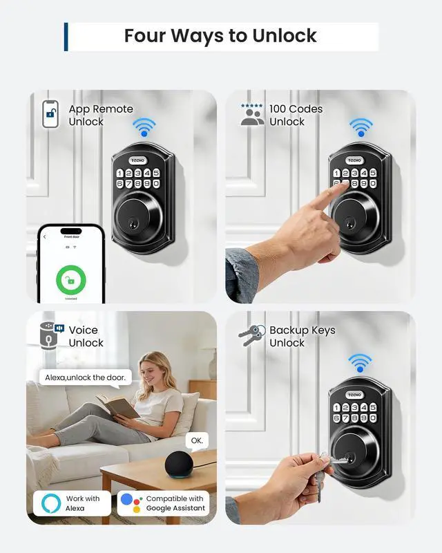 Alt view image 3 of 7 - TE011W WiFi Smart Deadbolt, Keyless Entry Door Lock, Matte Black