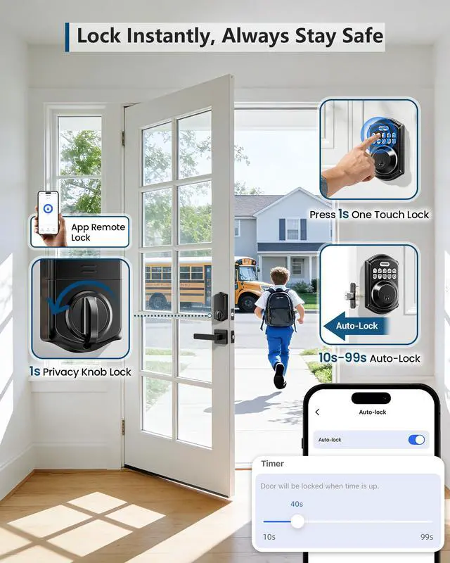 Alt view image 7 of 7 - TE011W WiFi Smart Deadbolt, Keyless Entry Door Lock, Matte Black