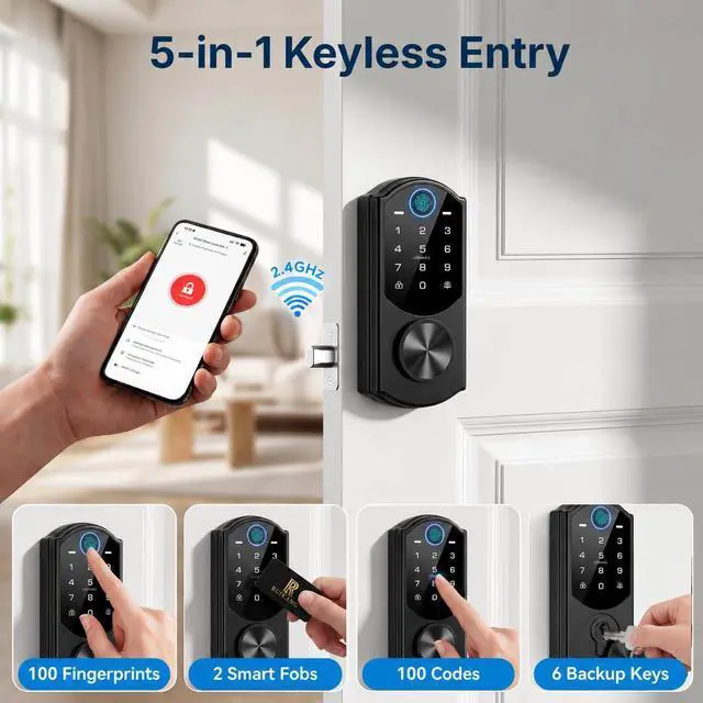 Alt view image 3 of 7 - Keyless Entry Door Lock with Built-in WiFi, Fingerprint Smart Lock for Front Door, Touchscreen Keypad Deadbolt, App Remote Control, Auto Lock, Easy Installation