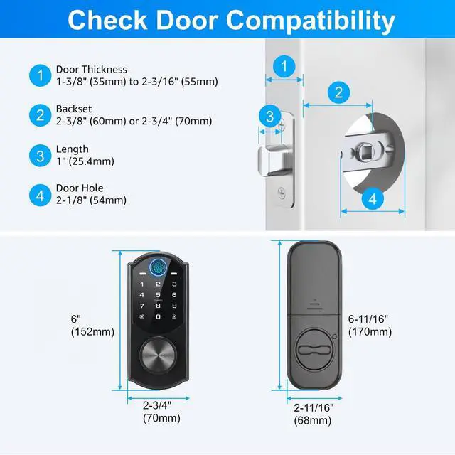 Alt view image 6 of 7 - Keyless Entry Door Lock with Built-in WiFi, Fingerprint Smart Lock for Front Door, Touchscreen Keypad Deadbolt, App Remote Control, Auto Lock, Easy Installation