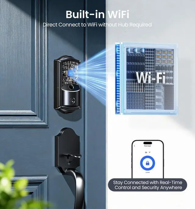 Alt view image 2 of 7 - VE027 WiFi Smart Lock Fingerprint Keyless Entry Deadbolt Matte Black