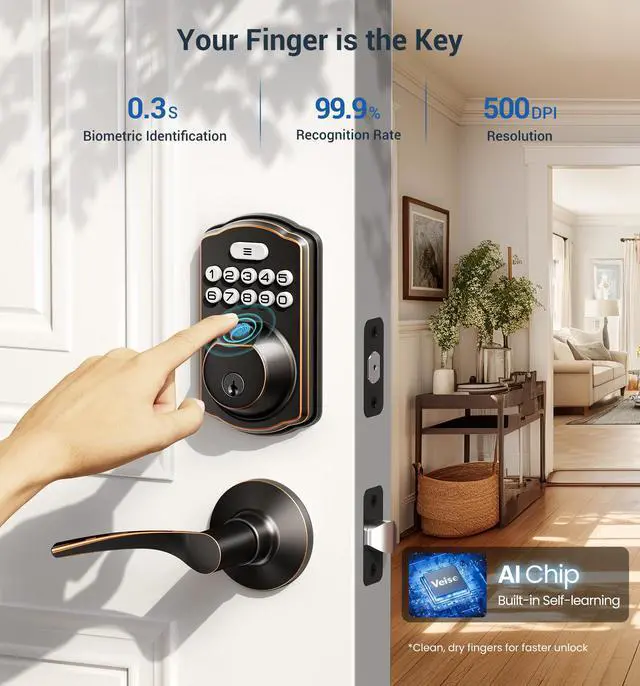Alt view image 2 of 7 - KS02B Fingerprint Door Lock with 2 Lever Handles, Oil Rubbed Bronze