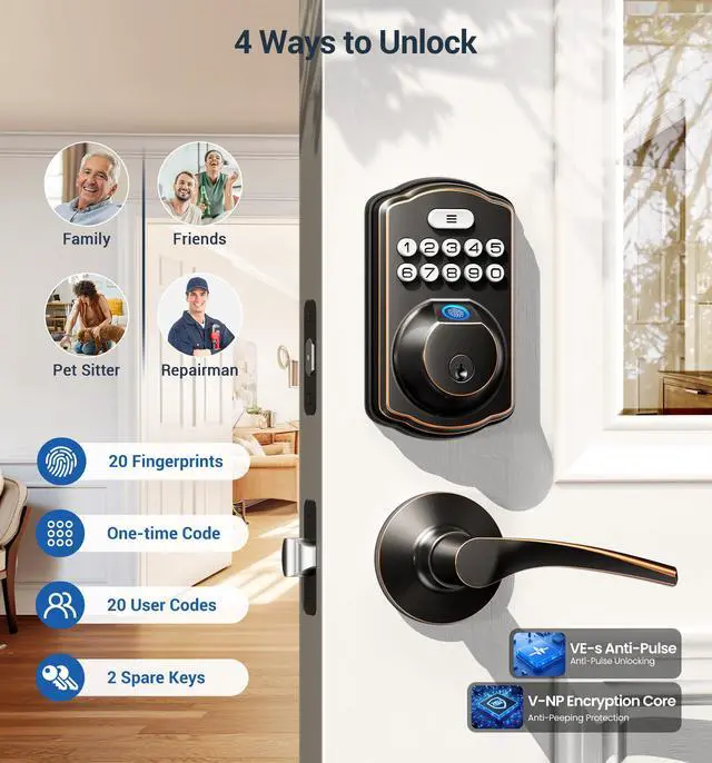 Alt view image 3 of 7 - KS02B Fingerprint Door Lock with 2 Lever Handles, Oil Rubbed Bronze
