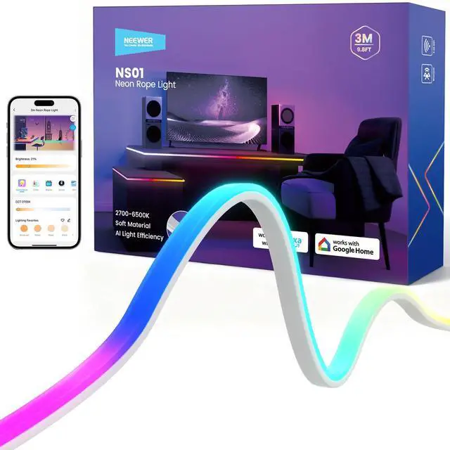 Main image of 9.84ft/3m LED Strip Lights Front Lit, Smart AI RGB IC Cuttable Neon Rope Light, App Control Color Changing, Bedroom Gaming Room Home Indoor Wall Decor, Compatible with Google and Alexa, NS01