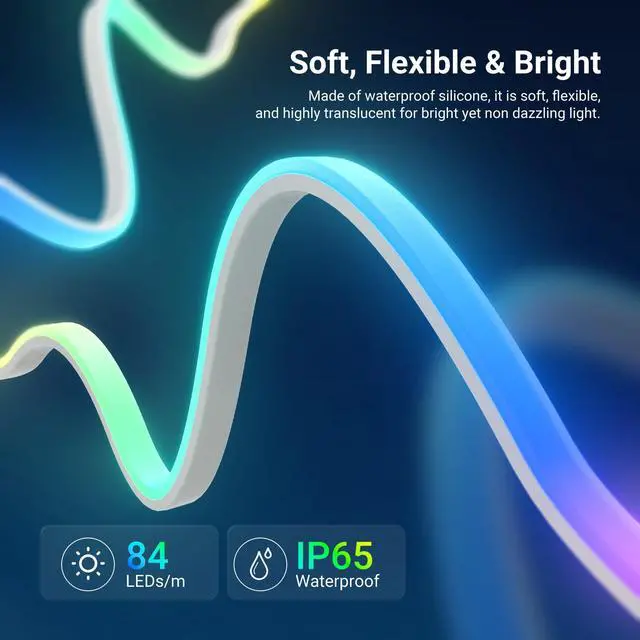 Alt view image 2 of 7 - 9.84ft/3m LED Strip Lights Front Lit, Smart AI RGB IC Cuttable Neon Rope Light, App Control Color Changing, Bedroom Gaming Room Home Indoor Wall Decor, Compatible with Google and Alexa, NS01