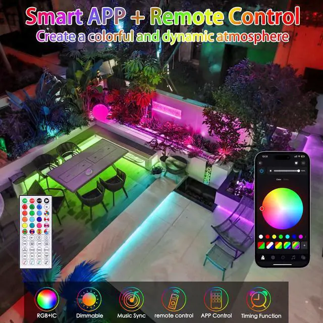 Alt view image 2 of 7 - 49FT LED Rope Lights Outdoor Indoor Color Changing with Remote & APP