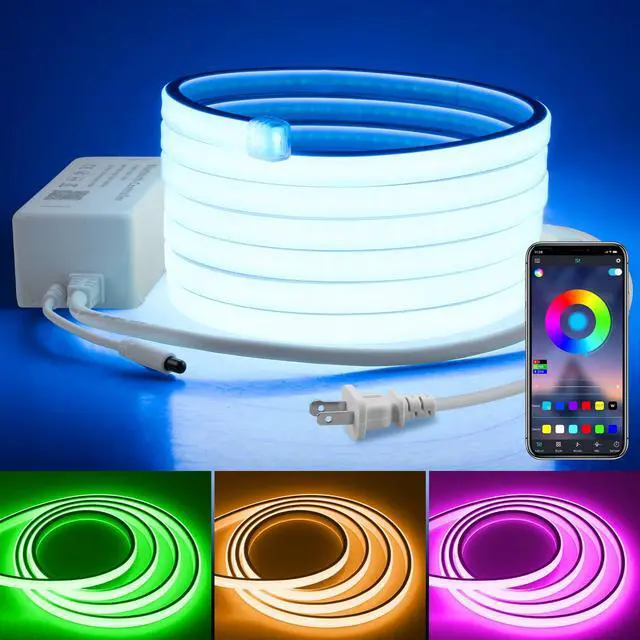 Main image of 110V Bluetooth RGB COB LED Strip Light 10FT Multicolor Dimmable Flexible LED Lights Strip with Remote Music Sync Outdoor Waterproof RGB Neon COB Rope Light Plug in Color Changing AC 110V~130V IP67