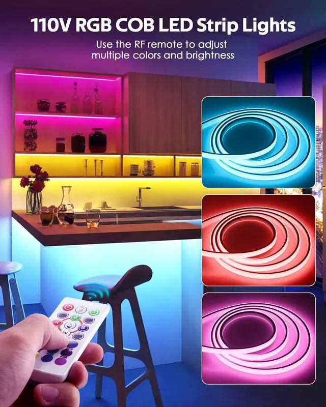 Alt view image 3 of 7 - 110V Bluetooth RGB COB LED Strip Light 10FT Multicolor Dimmable Flexible LED Lights Strip with Remote Music Sync Outdoor Waterproof RGB Neon COB Rope Light Plug in Color Changing AC 110V~130V IP67