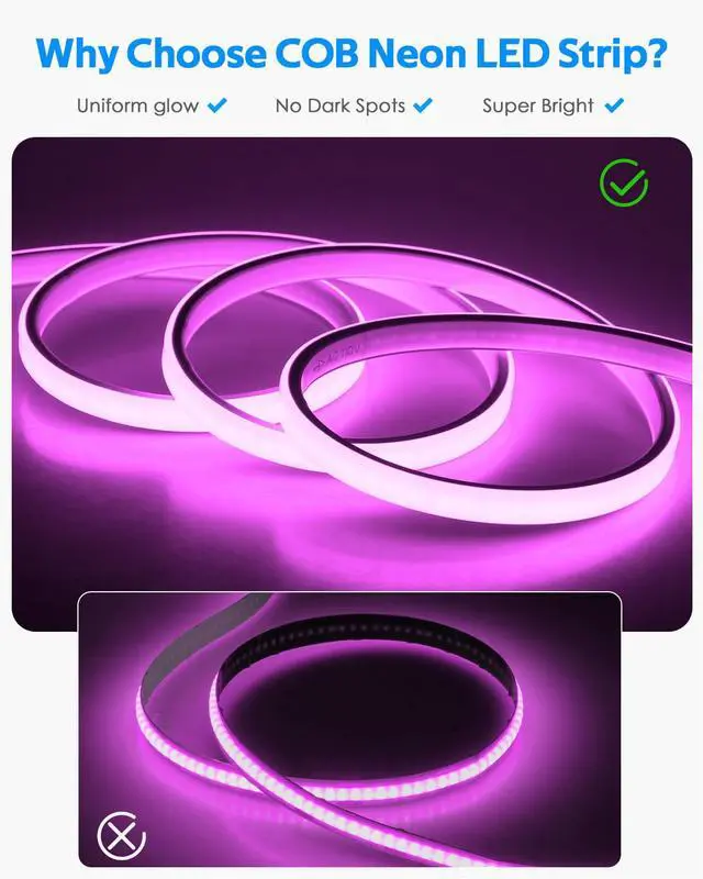 Alt view image 4 of 7 - 110V Bluetooth RGB COB LED Strip Light 10FT Multicolor Dimmable Flexible LED Lights Strip with Remote Music Sync Outdoor Waterproof RGB Neon COB Rope Light Plug in Color Changing AC 110V~130V IP67