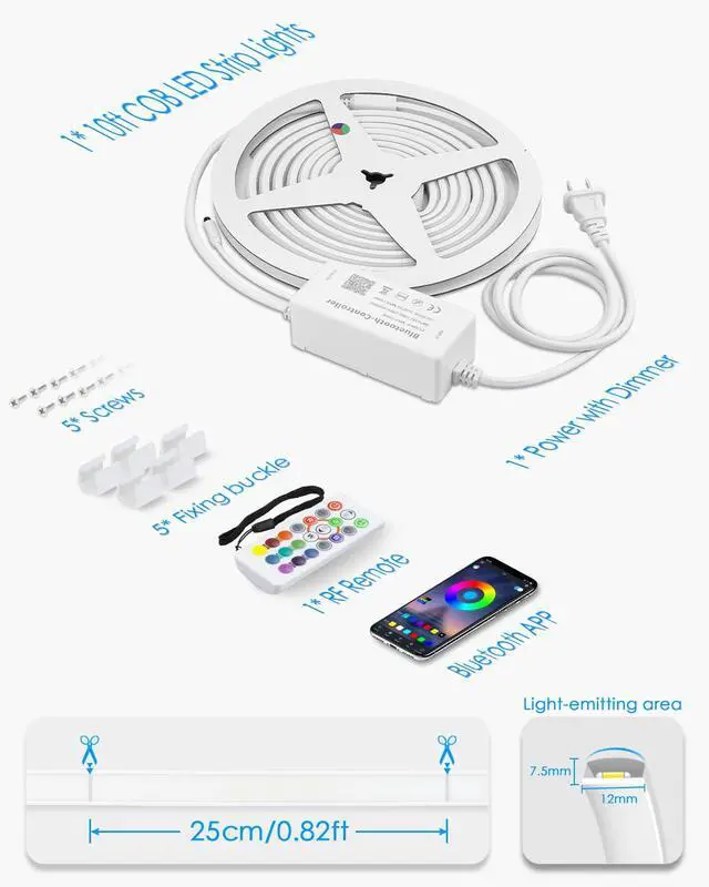 Alt view image 7 of 7 - 110V Bluetooth RGB COB LED Strip Light 10FT Multicolor Dimmable Flexible LED Lights Strip with Remote Music Sync Outdoor Waterproof RGB Neon COB Rope Light Plug in Color Changing AC 110V~130V IP67