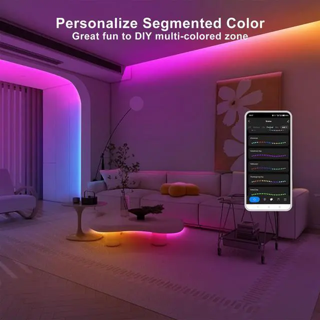 Alt view image 2 of 7 - 16.4ft Bluetooth RGB+IC COB Led Strip Light with App, Chasing COB Light Strip, Segmented Control, Music Sync, Color Changing Led Lights for Home Decor, Gaming, Cabinet, Desk