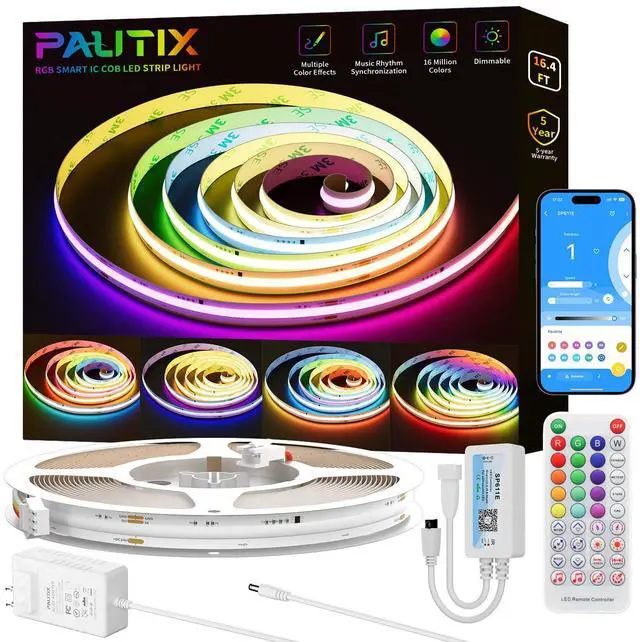 Main image of RGB Smart IC COB LED Strip Light,Addressable RGB COB LED Lights 16.4ft,UL-Listed 24V Color Flowing Chasing Effects Strip Lights Multicolor Flexible Color Changing Tape Light,for Bedroom,Party