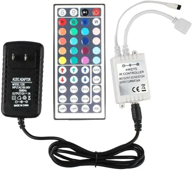Main image of 44 Key RGB LED Strip Lights IR Remote Controller with Wireless Rectifier Control Box and DC 12V 3A Power Supply Plug Adapter for 2835 3528 5050 LED Strip Lights Flexible Tape Lighting
