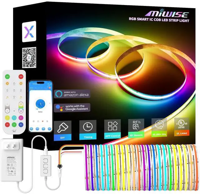 Main image of RGB Smart IC COB LED Strip Light,32.8ft Color Chasing Flexible LED Tape Light,WS2811 Addressable RGB Strip with APP Control/Music Mode,Work with Alexa/Google,for Home DIY Lighting Projects