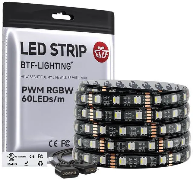 Main image of RGBW LED Strip Lights,UL Listed,5050 4 Colors in 1 RGB + 6000K-7000K Cool White,12V DC,16.4ft/5m 60LEDs/m 12mm Black PCB, IP30 for Home Decoration(No Adapter or Controller)