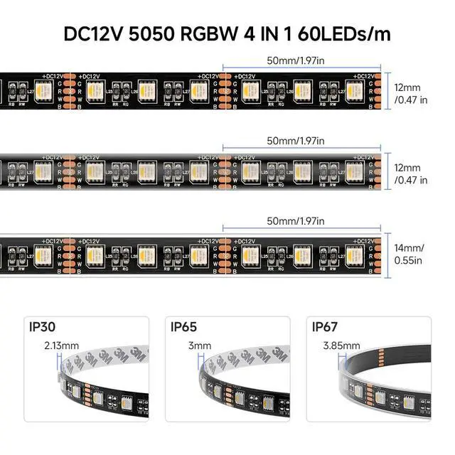 Alt view image 7 of 7 - RGBW LED Strip Lights,UL Listed,5050 4 Colors in 1 RGB + 6000K-7000K Cool White,12V DC,16.4ft/5m 60LEDs/m 12mm Black PCB, IP30 for Home Decoration(No Adapter or Controller)