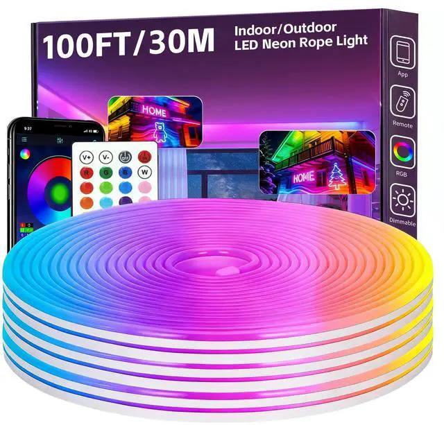 Main image of 100FT RGB LED Neon Rope Lights, App & Remote Control, Flexible Waterproof IP65 Led Strip Lights, Music Sync Color Changing Multiple Modes Neon Lights for Bedroom Gaming Room Indoor & Outdoor Decor