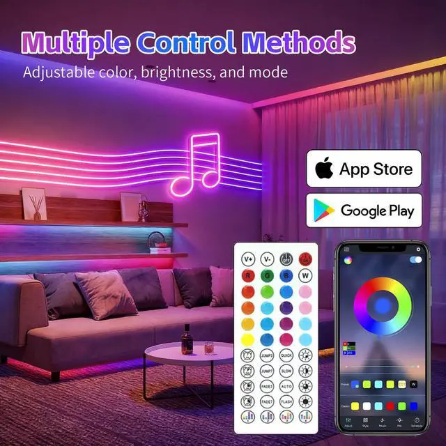 Alt view image 2 of 7 - 100FT RGB LED Neon Rope Lights, App & Remote Control, Flexible Waterproof IP65 Led Strip Lights, Music Sync Color Changing Multiple Modes Neon Lights for Bedroom Gaming Room Indoor & Outdoor Decor