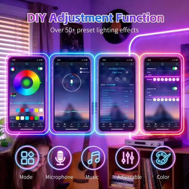 Alt view image 3 of 7 - 100FT RGB LED Neon Rope Lights, App & Remote Control, Flexible Waterproof IP65 Led Strip Lights, Music Sync Color Changing Multiple Modes Neon Lights for Bedroom Gaming Room Indoor & Outdoor Decor