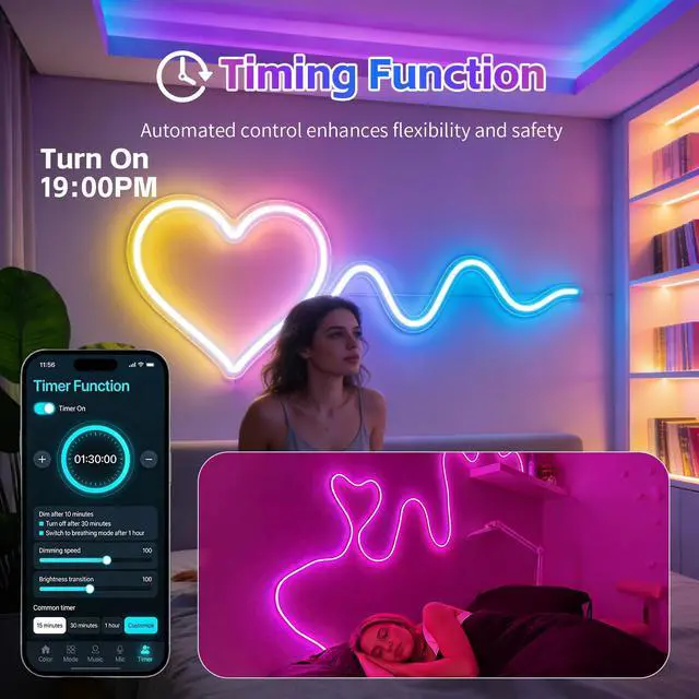 Alt view image 4 of 7 - 100FT RGB LED Neon Rope Lights, App & Remote Control, Flexible Waterproof IP65 Led Strip Lights, Music Sync Color Changing Multiple Modes Neon Lights for Bedroom Gaming Room Indoor & Outdoor Decor