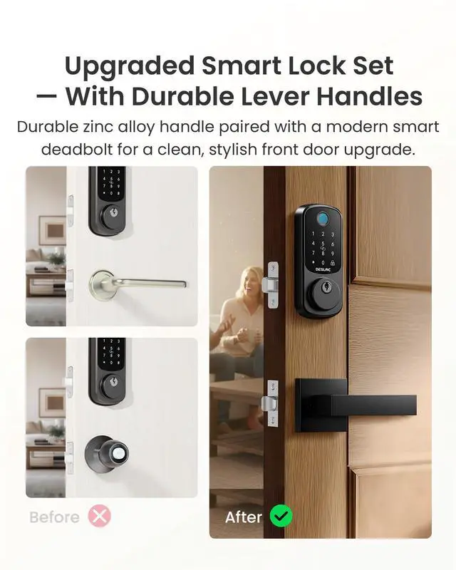 Alt view image 2 of 7 - B200 Fingerprint Smart Lock with 2 Lever Handles Set, Matte Black