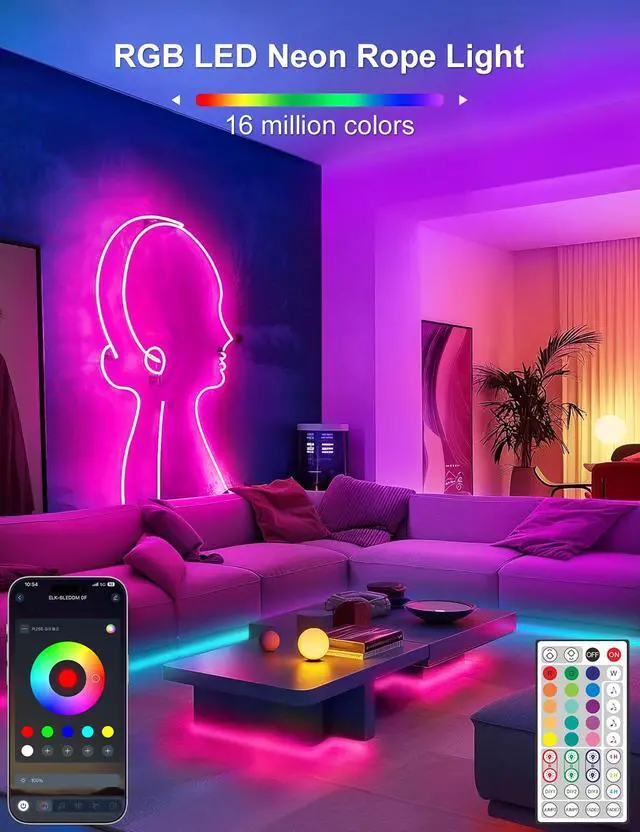 Alt view image 2 of 7 - LED Strip Lights RGB 16.4Ft, Neon Rope Lights with App Remote Control, Music Sync, Indoor IP65, Waterproof, Flexible DIY Lights Design for Bedroom, Living, Gaming Room, Party Decor