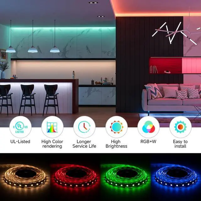 Alt view image 6 of 7 - UL Listed RGBW LED Strip Lights,5050 4 Colors in 1 RGB + 2700K-3000K Warm White,24V DC,16.4ft/5m 60LEDs/m 12mm Black PCB, IP65 Waterproof for Home Decoration(No Adapter or Controller)
