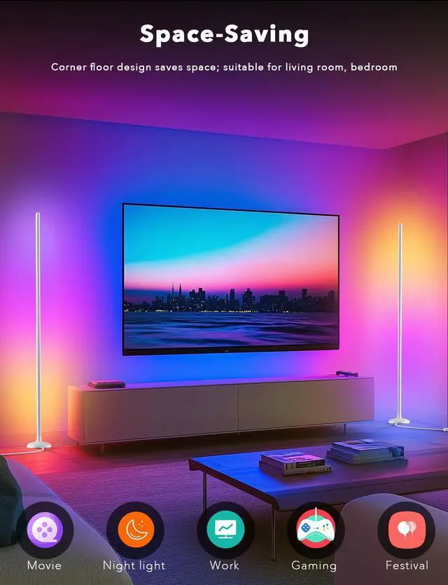 Alt view image 5 of 7 - Floor Lamp Mood Lighting Set, 420 Lumens Standing Lamp 24W with Music Rhythm Sync, 2.4G WiFi Remote & APP Floor Lamp for Bedroom Gaming Room Decor Smart RGB LED Corner Lights