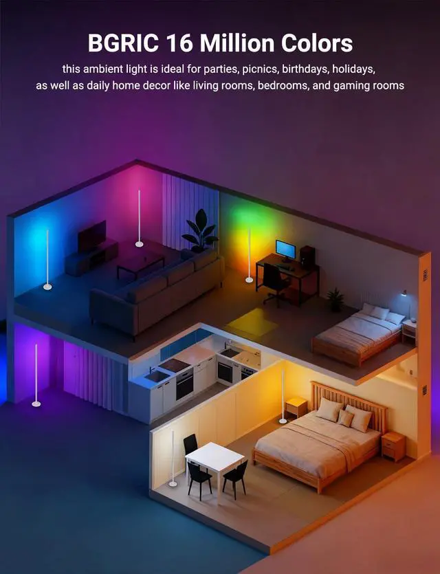 Alt view image 7 of 7 - Floor Lamp Mood Lighting Set, 420 Lumens Standing Lamp 24W with Music Rhythm Sync, 2.4G WiFi Remote & APP Floor Lamp for Bedroom Gaming Room Decor Smart RGB LED Corner Lights