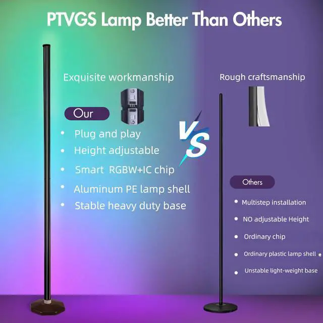 Alt view image 3 of 7 - LED RGB Corner Lamp - Smart RGB LED Corner Floor Lamp Adjustable Height with 16 Millon RGBWIC Color Changing Lights 300+ Scene,Music Sync&Timer,Ambient Lighting for Living Room,Bedroom,Game Room