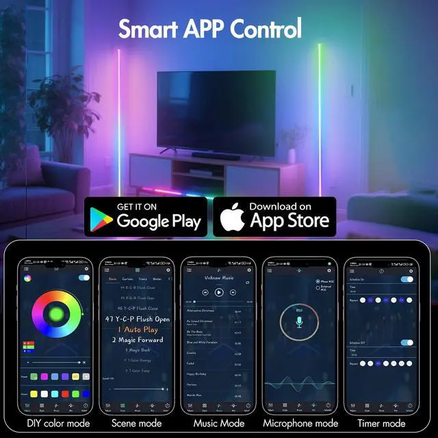 Alt view image 7 of 7 - LED RGB Corner Lamp - Smart RGB LED Corner Floor Lamp Adjustable Height with 16 Millon RGBWIC Color Changing Lights 300+ Scene,Music Sync&Timer,Ambient Lighting for Living Room,Bedroom,Game Room
