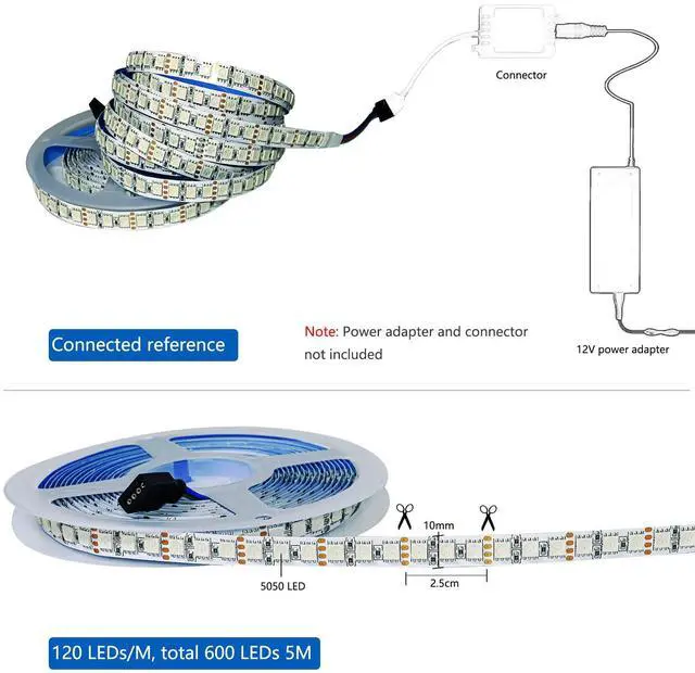 Alt view image 5 of 7 - 12V RGB LED Strip Light, 16.4ft 10000 lm Super Bright SMD 5050 IP20 Total 600 LEDs, LED Color Changing Rope Light Strip for Bedroom, Kitchen, Advertising Decoration